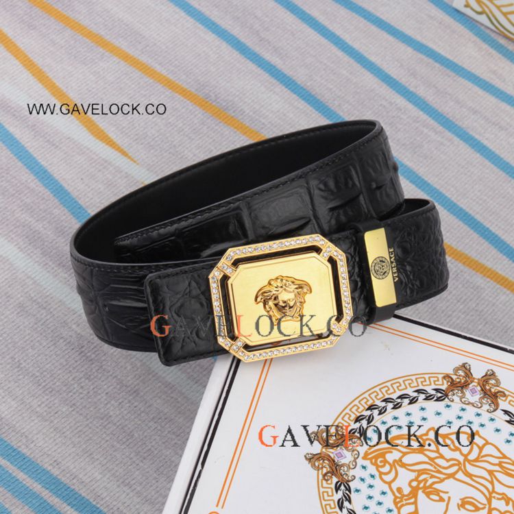 Crystal Embellish Versace Calfskin Leather Strap Gold Head